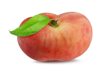 Fresh chinese flat donut peach with leaf isolated on white with clipping path