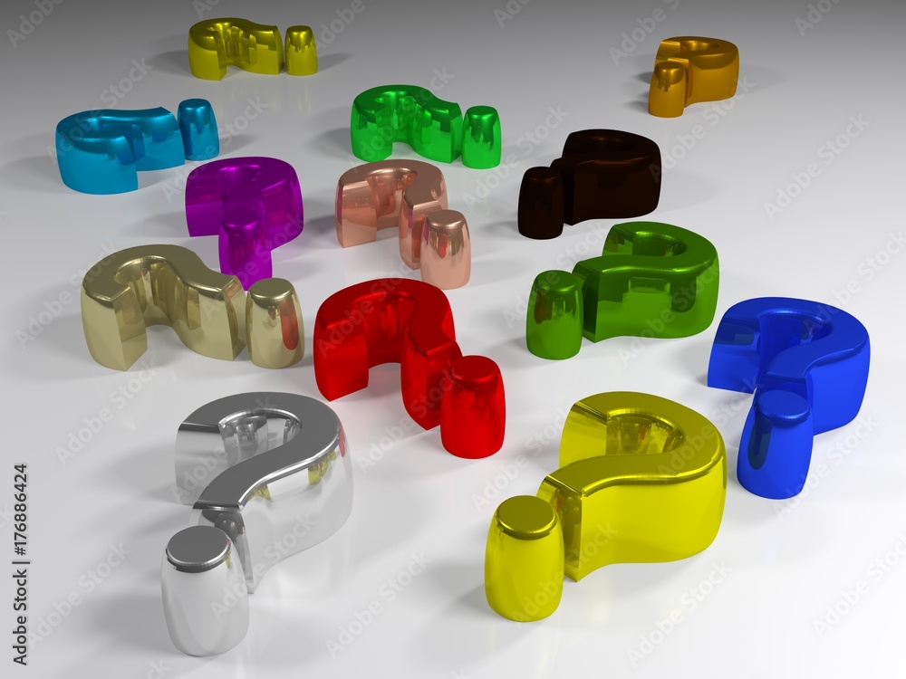 Poster multicolor metallic question marks on white surface - 3d rendering