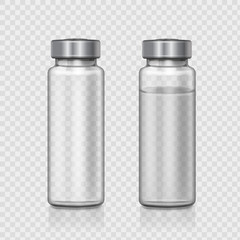 Transparent glass medical ampoule. Realistic vector illustration.