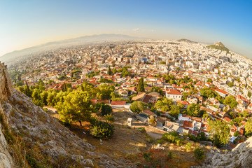 Naklejka premium View of the old city of Athens from the Acropolis. Fisheye view