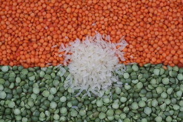white rice, red lentils and green peas