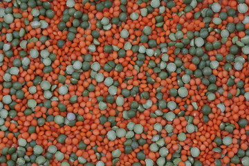 red lentils and green peas, top view