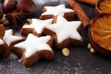 Fototapeta na wymiar Baking christmas cookies. Typical cinnamon stars bakery