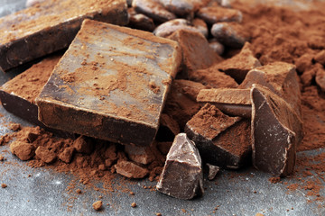 Raw cocoa beans, cocoa powder and chocolate pieces.