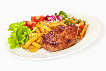 Grilled pork steak with fries isolated on white background