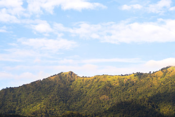 View from below, Looking to beautiful green mountain covered with white mist on the top and yellow light with blue sky and some clouds, After the rain at sunset. North of Thailand.