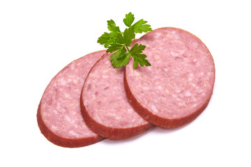 Salami smoked sausage slices isolated on white background