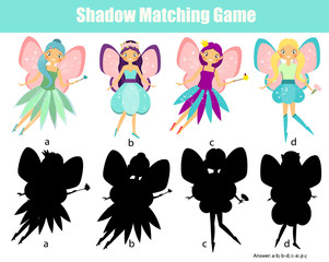 Shadow matching game. Kids activity with beautiful fairy