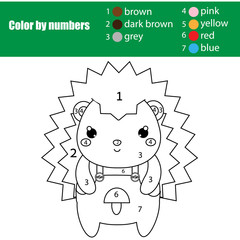 Children educational game. Coloring page with cute hedgehog. Color by numbers, printable activity
