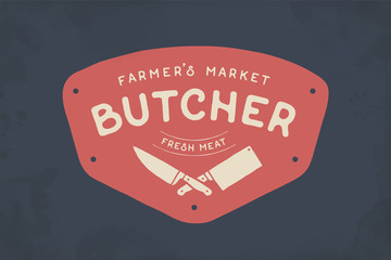 Logo of Butcher meat shop with Cleaver and Chefs knives, text The Butcher Farmer Market, Fresh Meat. Logo template for meat business - shop, market, restaurant or graphic design. Vector Illustration