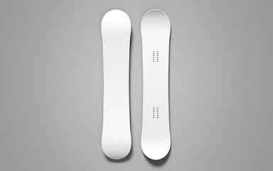 Two white snowboards on top and bottom, a mockup for your design. Clear realistic snow board mock up template for printing, 3d rendering , vertical top view on gray background