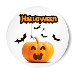 Pumpkin Smiling Halloween vector white sticker font. Illustration for greeting cards, party invitation, posters, labels and banners