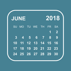June 2018 calendar. Calendar planner design template. Week starts on Sunday. Business vector illustration.
