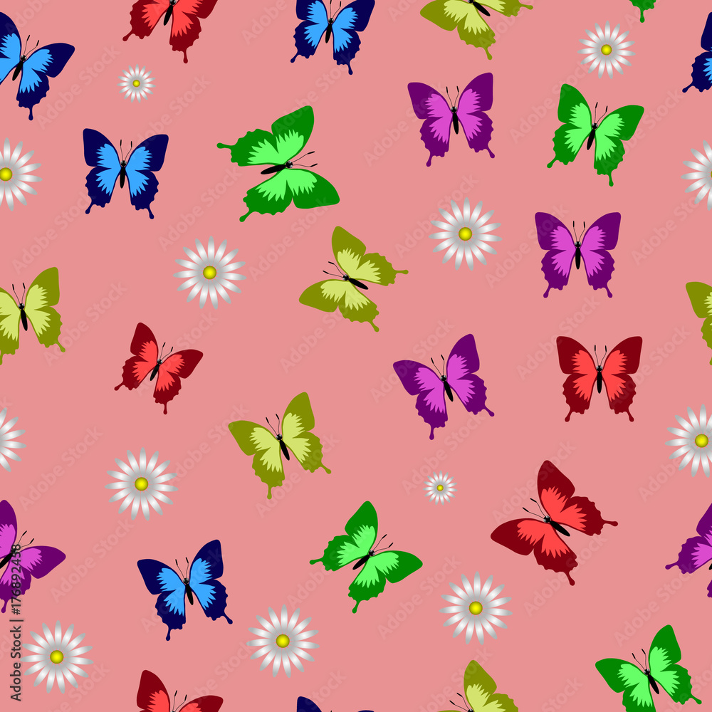 Poster seamless background with colorful butterflies on a pink background. vector image