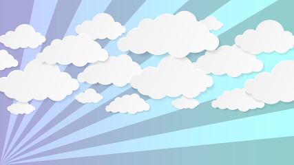 Fototapeta na wymiar Background of paper clouds. Gentle calm tones. Turquoise, violet and green stripes. Vector image.