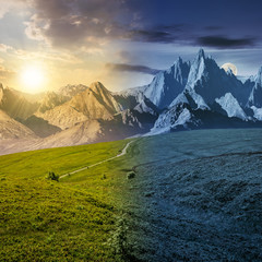 day and night time change concept. grassy slopes and rocky peaks composite. gorgeous summer...