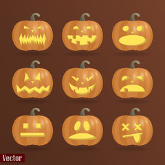 A set of nine pumpkins for Halloween with different emotions. On a brown background. Vector image.