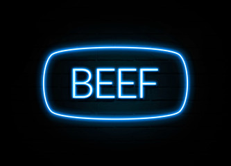 Beef  - colorful Neon Sign on brickwall