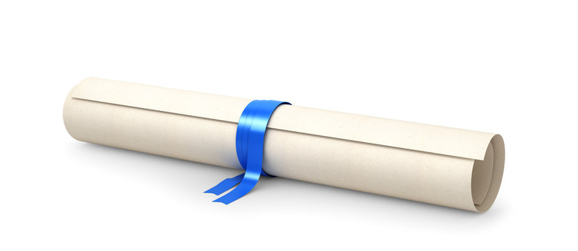 Graduation diploma scrolling bound with a blue ribbon isolated on white. The symbol for a successful ending. 3d illustration