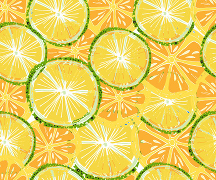 Vector tropical pattern. Fresh ripe lime and orange, palm leaves. Hand drawn seamless background.