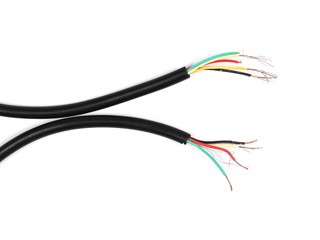 Black damaged, cut cable isolated on white background