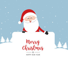 santa claus behind banner showing christmas gretting winter landscape background