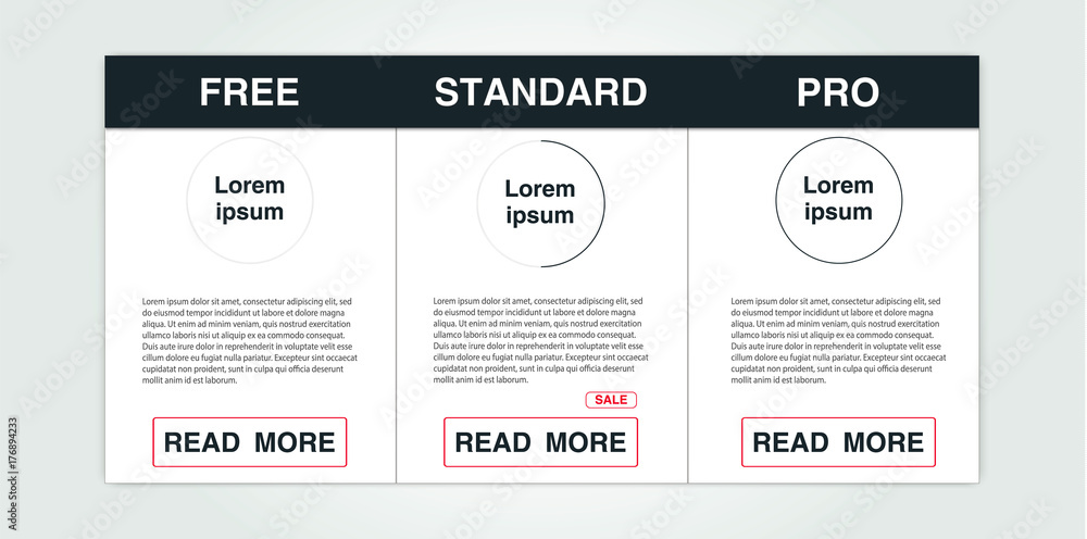 Poster three banners. pricelist, hosting plans and web design boxes of banners. banners for tariffs and pri