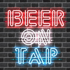 Glowing neon bar sign BEER ON TAP on brick wall background. Shining and glowing neon effect. All elements are separate units with wires, tubes, brackets and holders.