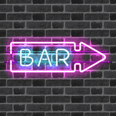 Glowing neon bar sign with direction arrow isolated on brick wall background. Shining and glowing neon effect. All elements are separate units with wires, tubes, brackets and holders.