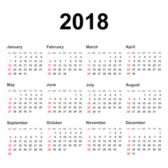Calendar 2018 year in simple style. Calendar planner design template. Week starts on Sunday. Business vector illustration.