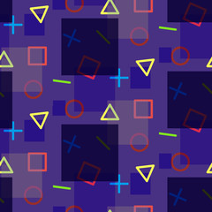 Night seamless pattern in memphis style with geometric shapes. Bright fashion contrast texture for textile, wrapping paper, cover, background, surface, packaging