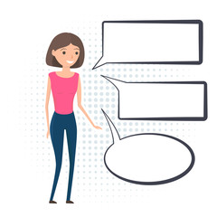 Young european woman with speech bubble. Flat vector illustration with dark hair girl in jeans and pink top with message clouds for your advertisement, offer text