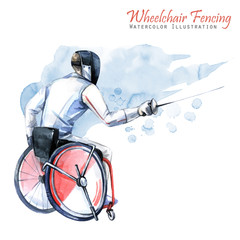 Watercolor illustration. Wheelchair Fencing sport. Figure of disabled athlete in the wheelchair with a sword. Active people. Disability and social policy. Social support. - 176897027