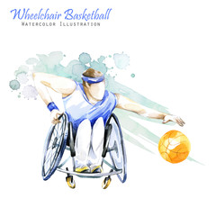 Watercolor illustration. Wheelchair Backetball Paralympic sport. Figure of disabled athlete in the wheelchair with a racket. Active people. Disability and social policy. Social support. - 176897204