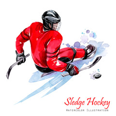 Watercolor illustration. Sledge Hockey. Disability snow sports. Figure of disabled athlete on the ice with a puck. Active people. Disability and social policy. Social support. Extreme games. - 176897239