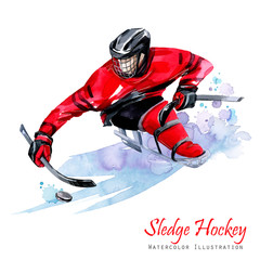 Watercolor illustration. Sledge Hockey. Disability snow sports. Figure of disabled athlete on the ice with a puck. Active people. Disability and social policy. Social support. Extreme games. - 176897273