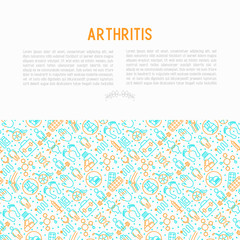 Arthritis concept with thin line icons of symptoms and treatments: pain in joints, obesity, fast food, alcohol, medicine, wheelchair. Vector illustration for banner, web page, print media.