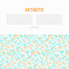 Arthritis concept with thin line icons of symptoms and treatments: pain in joints, obesity, fast food, alcohol, medicine, wheelchair. Vector illustration for banner, web page, print media.