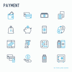 Payment thin line icons set: credit card, money flow, saving, atm, mobile payment. Vector illustration.