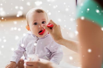 mother with spoon feeding little baby at home