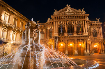Landmarks of Catania: night view of the fountain of Dolphins in Piazza teatro Massimo, and a view of the Bellini theater - obrazy, fototapety, plakaty