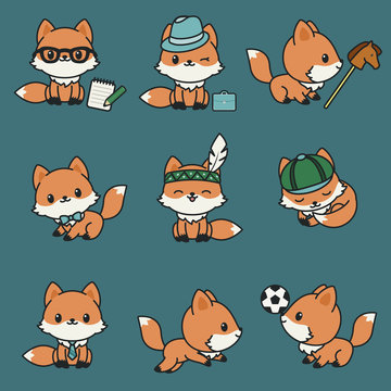 Cute kawaii foxes. Vector icons set