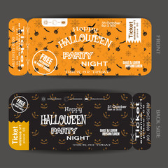 Vector ticket to Happy Halloween night party with white text on the yellow and brown background with pattern.