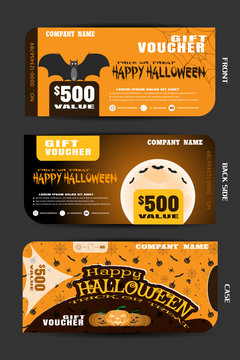 Vector gift voucher with case set to Happy Halloween holiday with text on the yellow and brown background with pattern.