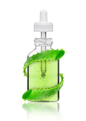 Cosmetic bottle with aloe vera plant, isolated on white background