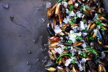 Mussels on stone concrete background. Top view, copy space