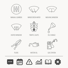 Motor oil change, traffic lights and pliers.