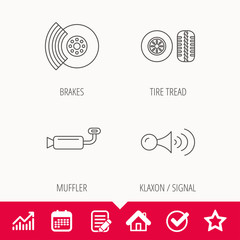 Tire tread, brakes and steering wheel icons.
