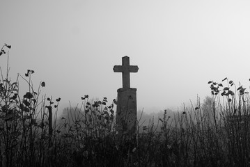 old grave in the misty morning black and white image