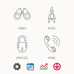 Phone, startup rocket and search icons.